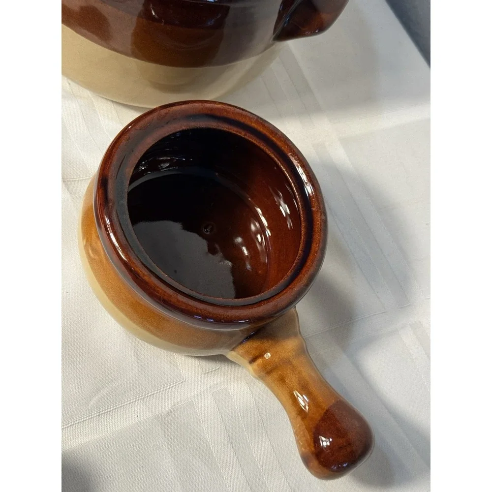 Vintage Brown Bean Pot w/ 2 Matching Handled Ramekins – Rustic Stoneware Set